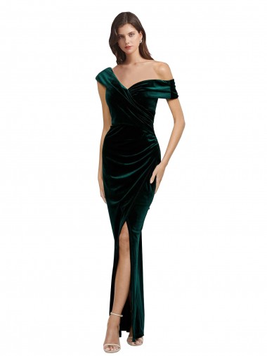 Purchase Long Asymmetric Neckline Ruched Formal Velvet Bridesmaid Dress / Prom Dress