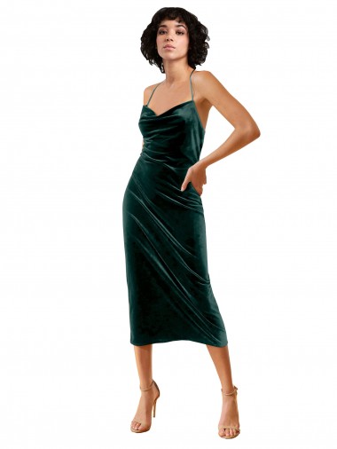 Purchase Midi Cocktail Length Sleek Cowl Neckline Short Formal Velvet Bridesmaid Dress / Prom Dress