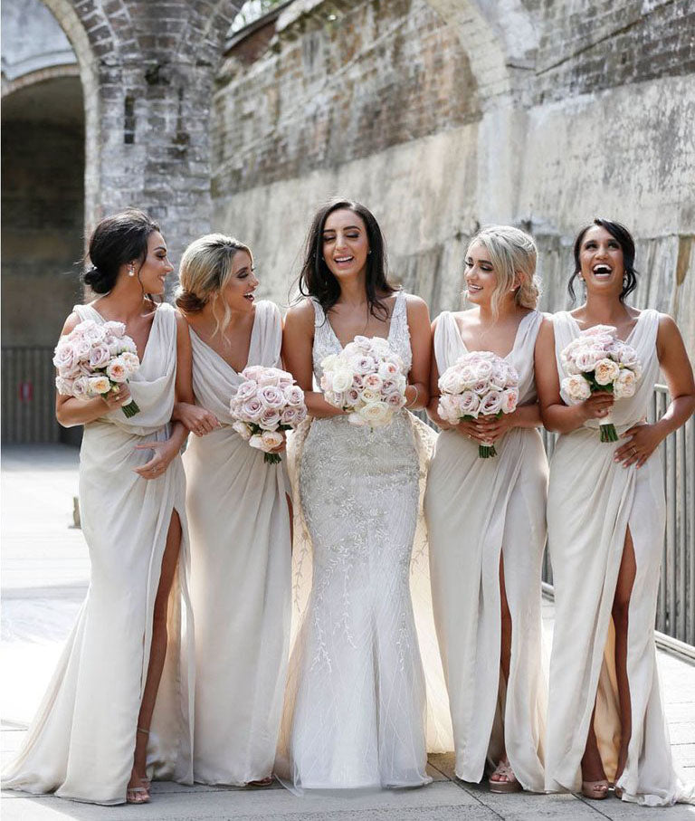 Full Length Luxe Chiffon Long Champagne bridesmaid dresses with Sexy High Slit and Front Ruffles